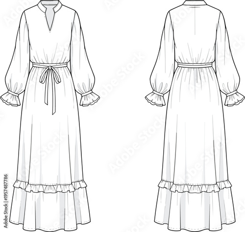 Women maxi dress vector fashion flat sketch front and back view long sleeve elegant design