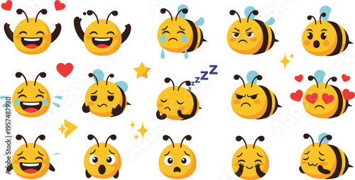 Cute bee emoticons vector set with funny cartoon expressions, happy sad angry sleepy faces, kawaii insect emoji collection for stickers design