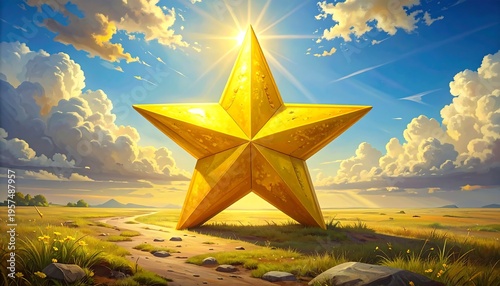 Golden Star Shining Brightly in a Sunny Field.