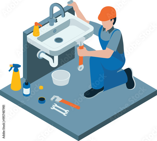 Plumber fixing sink and pipes in bathroom illustration with tools, maintenance work, water system repair, and professional service concept