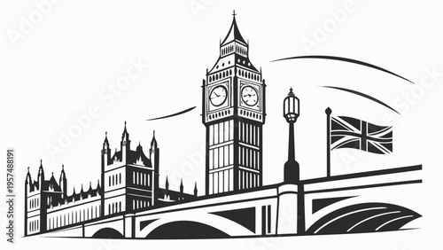 A black and white vector illustration of Big Ben and the Houses of Parliament in London