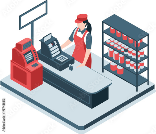 Retail cashier at checkout counter using register with product shelves illustration showing store service, sales transaction, and shopping environment