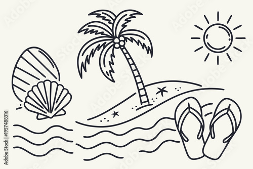 A minimalist vector illustration of a beach scene with a palm tree, seashells, and flip flops