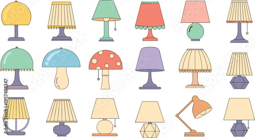 Set of flat vector table lamp icons featuring various modern and vintage designs, mushroom lamps, office desk lights, and decorative lampshades in pastel colors for interior home decor.