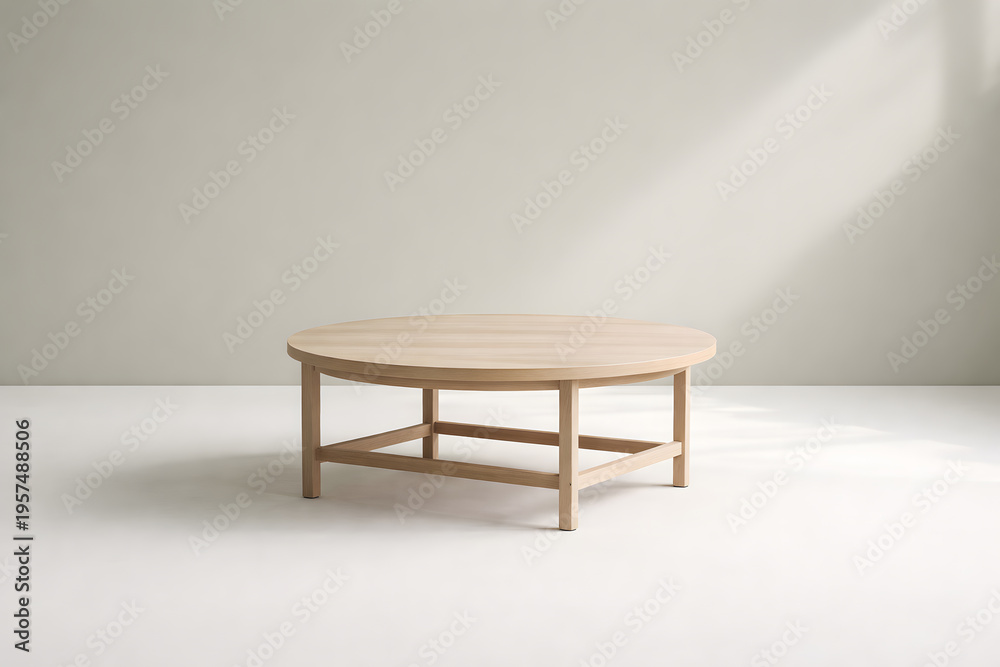 Obraz premium Minimal round light wood coffee table on white floor
