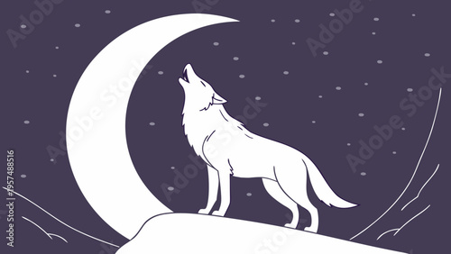 A wolf stands on a hill howling at the moon under a starry night sky.