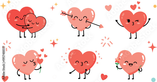 Cute cartoon heart characters set with love expressions, romantic emotions, valentines day vector illustration, adorable smiling hearts with arrows, flowers and kisses