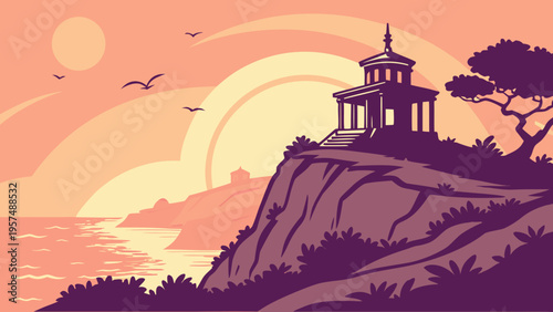 Stylized illustration of a temple on a cliff overlooking the ocean at sunset with birds flying overhead freely