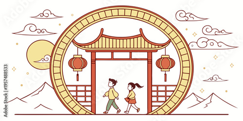 Couple walking through a traditional Chinese gate with lanterns and mountains