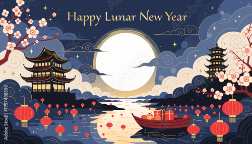 Lunar New Year celebration with traditional pagodas and lanterns