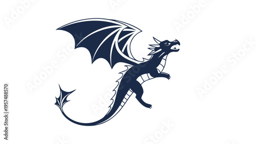 Dark blue dragon logo with white outline flying on white background