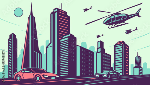 Futuristic cityscape with sleek skyscrapers and flying vehicles