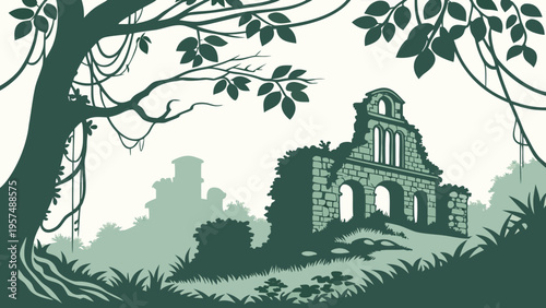 Ancient stone ruins stand amidst overgrown vegetation and trees in a serene landscape