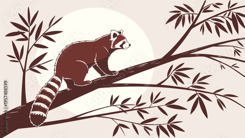 Red panda sitting on a tree branch with leaves and a moon background