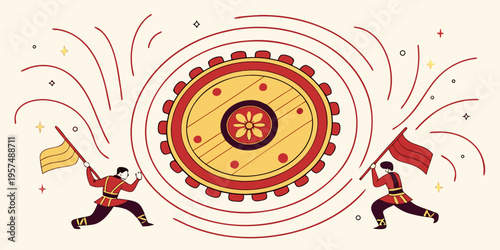 Two men in traditional clothing hitting a large drum with flags