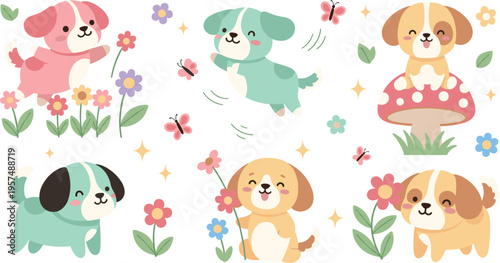 Cute cartoon puppies with flowers vector set, adorable dogs in garden, playful pet characters, spring nature illustration collection