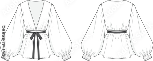 Women wrap blouse vector fashion flat sketch front and back view belt waist elegant design