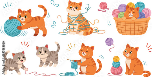 Cute cats playing with yarn set, cartoon kittens with knitting balls and basket, adorable pet characters for cozy home and hobby vector illustration