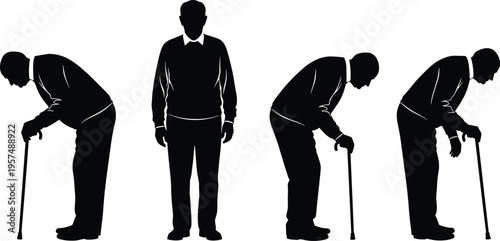 Silhouette illustration showing stages of aging in men, progression from upright posture to stooped figure with cane, symbolic representation of physical decline and elderly life