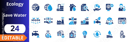 Ecology save water flat icons set. water conservation, sustainability design, eco system, clean water, recycling, filtration, irrigation, industry, environment, hygiene, technology