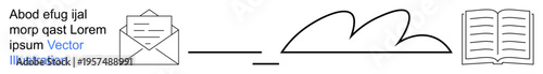 Email flow, cloud storage, data sharing, learning tools, digital communication, collaboration. Visual shows an envelope, transitioning to a cloud and ending with an open book. Digital communication