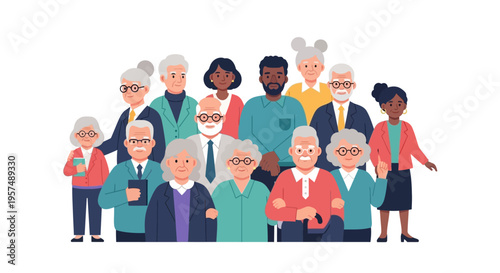 Diverse Group of Happy Senior Adults Portrait - Multicultural Elderly Community Illustration