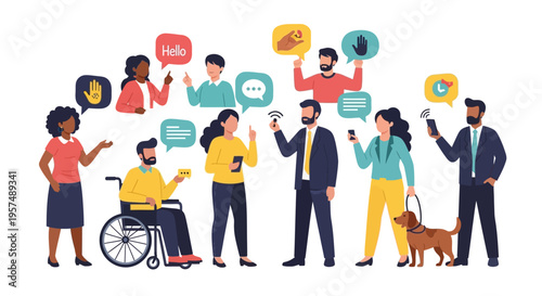 Diverse People Communicating Through Various Modern & Inclusive Methods: Digital, Sign Language & Social Interaction