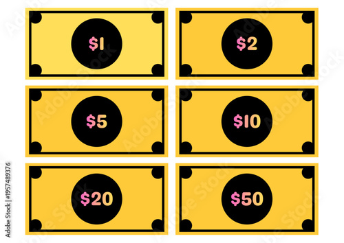 Vibrant yellow play money set featuring various denominations for educational math games, perfect for teaching currency values, financial literacy, and basic counting skills