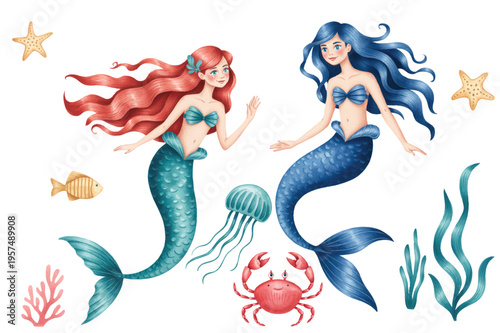 Cute mermaid duo in soft hand painted watercolor with underwater sea life elements and coral details.