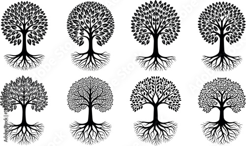 Black Tree Silhouette Set with Intricate Roots and Dense Foliage Patterns Isolated on White Background Nature Vector Illustration Collection

Keywords: