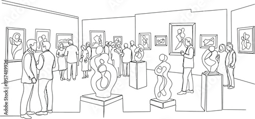art gallery, people viewing paintings and sculptures