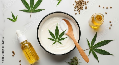 Cannabis-infused skincare products and natural ingredients displayed together