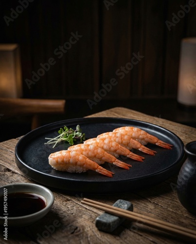 Five pieces of shrimp sushi nigiri served on a black round plate with green garnish, soy sauce bowl, and chopsticks on a wooden table in soft lighting