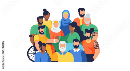 Diverse Group of People Embracing Unity, Inclusion & Equity. Multicultural Community Illustration Featuring Different Ages, Backgrounds, and Abilities.