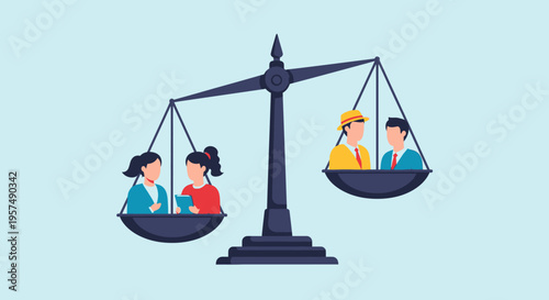 Workplace Gender Equality: Men and Women Balanced on Scales Symbolizing Equal Opportunity, Diversity, and Fairness