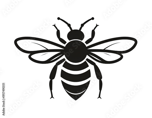 A simple black and white silhouette illustration of a honey bee centered on a plain white background
