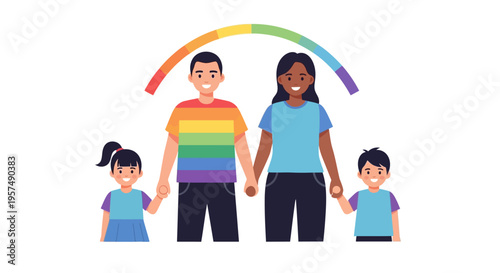 Diverse Same-Sex Male Couple & Children Holding Hands Under Rainbow Arch - Modern LGBTQ+ Family Illustration