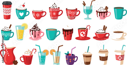 Christmas Coffee Mug Collection with Festive Holiday Drinks, Candy Canes, Marshmallows and Decorative Winter Cups Vector Illustration Set