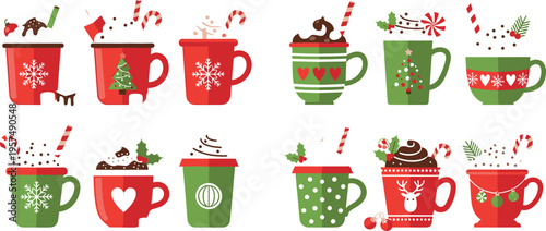 Christmas Coffee Mug Collection with Festive Holiday Drinks, Candy Canes, Marshmallows and Decorative Winter Cups Vector Illustration Set