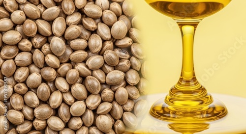 Hemp seeds beside a glass filled with hemp seed oil