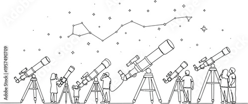 telescopes on tripods under starry night sky