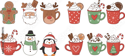 Cute Christmas Coffee Mug Characters with Gingerbread Man, Santa, Reindeer, Snowman and Festive Hot Chocolate Vector Illustration Set