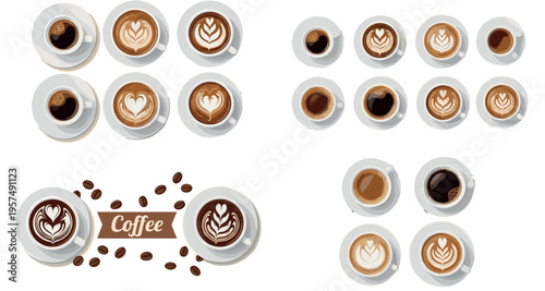 Top View Coffee Cup Collection with Latte Art Designs, Espresso Variations and Coffee Beans Decorative Layout Vector Illustration