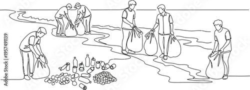 people collecting garbage in a line drawing
