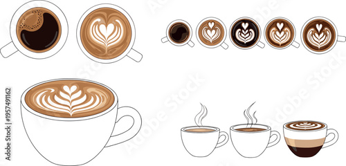 Coffee Cup Illustration Set with Latte Art, Espresso Top Views and Hot Beverage Icons in Minimal Flat Vector Style