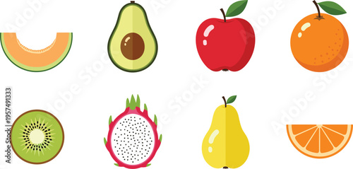 Collection of Whole Fresh Fruits featuring Dragon Fruit, Rambutan, Apple, Pear, Kiwi, Avocado, and Melon for Organic Food and Healthy Lifestyle Designs