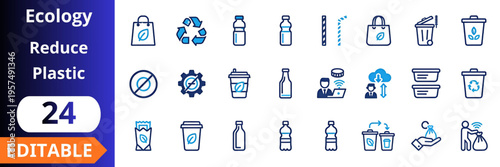 Ecology reduce plastic flat icons set. recycling symbols, eco bags, water bottles, straws, trash bins, reusable cups, containers, sustainability, waste management