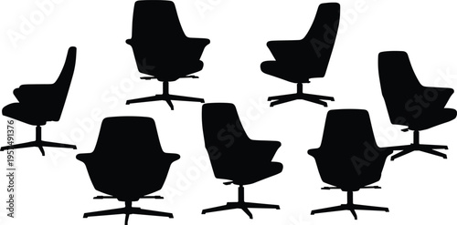 Office, chair, silhouette, set, furniture, black, collection, modern, design, swivel, isolated, background, interior, seating, ergonomic, workspace, minimal, illustration, vector, style