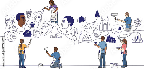 people painting cityscape mural