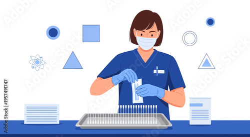 Medical professional in mask and gloves preparing COVID-19 test kits